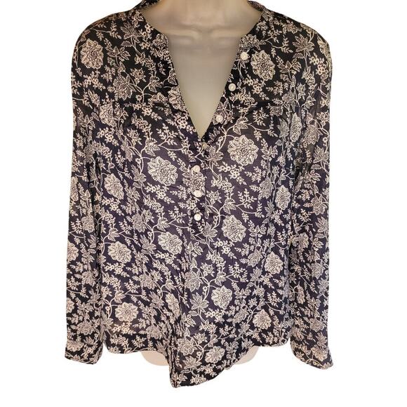 Eddie Bauer Women Blouse Blk/Wht Floral Long Sleeve Button Up Sz M - Picture 1 of 5